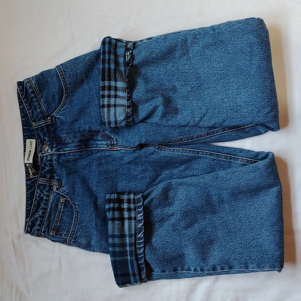 Fleece Lined Blue Denim Jeans with Plaid Pattern